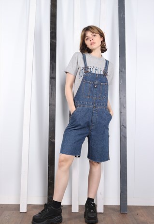 VINTAGE DARK BLUE DENIM SHORT DUNGAREES 90S OVERALLS.