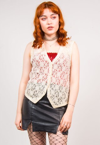 VINTAGE 90'S WHITE PEARL DETAIL LACE WAISTCOAT