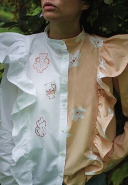 Hand embroidered 2-fabric peachy cowboy shirt with ruffles
