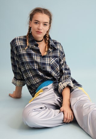 90'S RETRO TARTAN CHECKED PRINT OVERSIZED WORKWEAR SHIRT TOP
