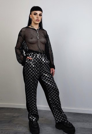 SEQUIN TROUSERS CHECK PATTERN SILVER EMBELLISHED PANTS GREY