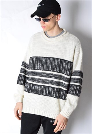 VINTAGE 90S STRIPED WOOL BLEND KNIT DROP SHOULDER JUMPER
