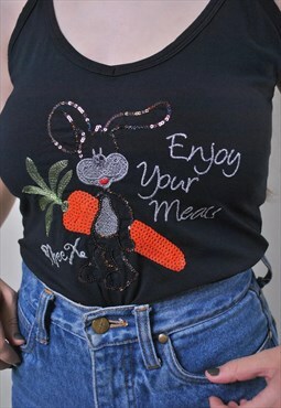 Vintage cute black tank top with rabbit and carrot 