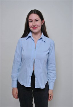Y2k minimalist blouse, 00s fashion zip up shirt - MEDIUM