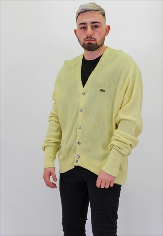 VINTAGE LACOSTE CARDIGAN SWEATER JUMPER IN YELLOW LARGE