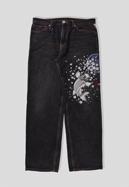 Vintage Japanese Embroidered Koi Denim Jeans in Black