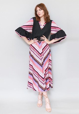 VINTAGE 1970'S MIXED FLORAL & STRIPE PRINT FOLK MIDI DRESS