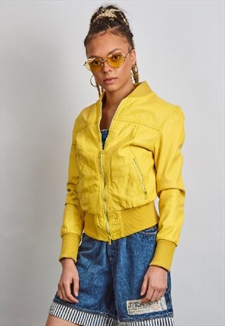 VINTAGE 90'S NEON YELLOW LEATHER BOMBER JACKET