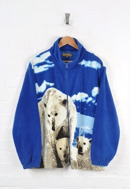 Vintage Fleece Jacket Polar Bear Print Blue/White Large