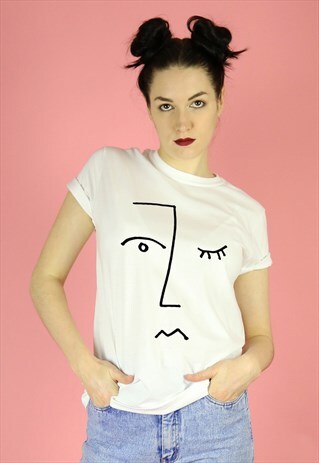 FACE PRINT LINE DRAWING ART T-SHIRT TOP - BLACK ON WHITE