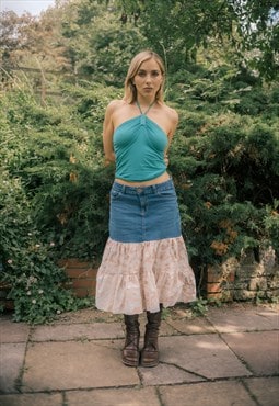 Reworked vintage Y2K denim tiered midi skirt
