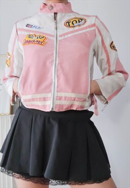 Vintage Y2K Pink Biker Racer Faux Leather Jacket