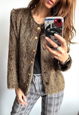 90s Fuzzy Shaggy Grunge Going Out Gold Cardigan Jacket L