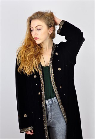 VINTAGE BLACK EMBELLISHED VELVET EVENING BOHO JACKET