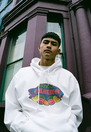HEAVYWEIGHT WHITE HOODIE WITH FRUITY CASINO SLOTS DESIGN