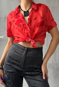 Vintage 90s Y2K Red Floral Print Short Sleeve Shirt Blouse