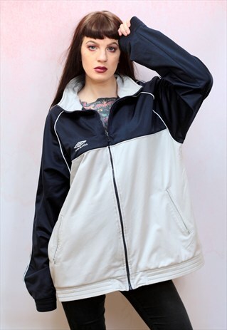 1990S VINTAGE GREY AND NAVY ZIP UP TRACK SPORT JACKET