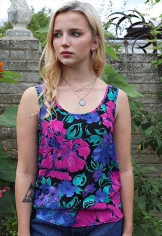 VINTAGE 80S RETRO PINK LILAC & BLUE FLOWER PRINT BLOUSE TOP
