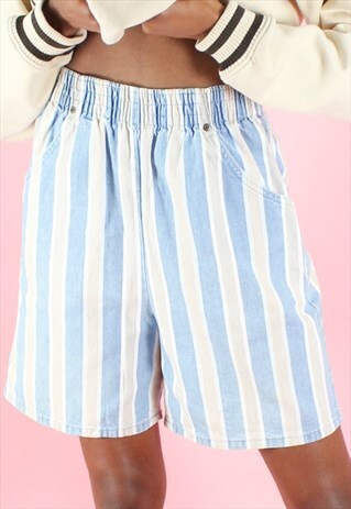 VINTAGE 90S SHORTS Y2K LIGHT BLUE STRIPED HIGH WAISTED