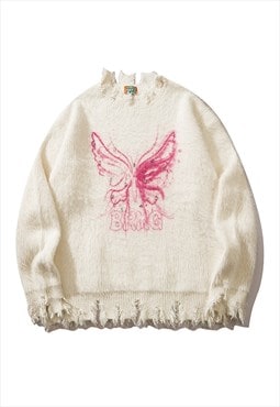 Butterfly sweater fluffy jumper ripped pullover soft top