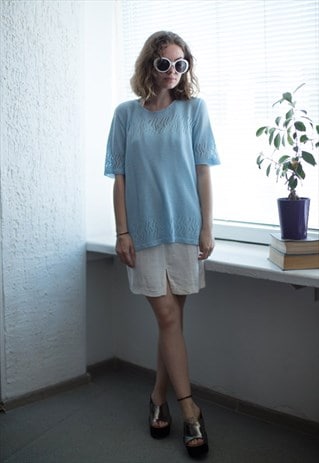 VINTAGE 80'S LIGHT BLUE KNITTED SHORT SLEEVED TOP
