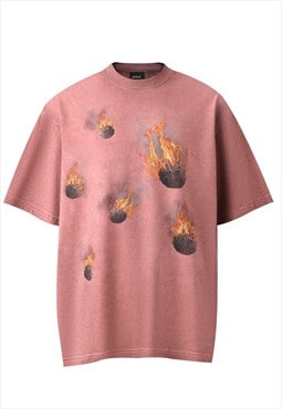 Fireball t-shirt flame print top raver tee in pastel pink