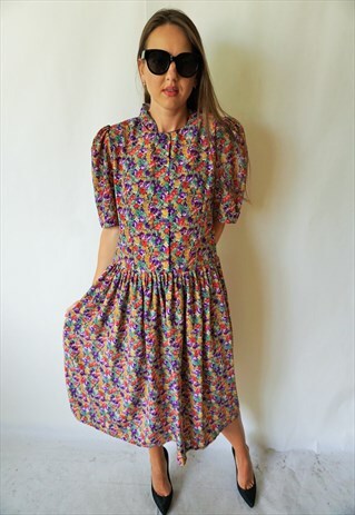 VINTAGE SUMMER MIDI DRESS DRESSES SHORT SLEEVES FLORAL