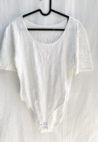 VINTAGE 80S TRIUMPH SEXY FLORAL WHITE BOHEME BODYSUIT TOP