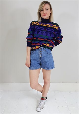 VINTAGE 90'S PURPLE ABSTRACT PATTERNED ROLL NECK JUMPER