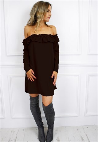 BLACK BARDOT LONG SLEEVE RUFFLE BOHO MINI DRESS