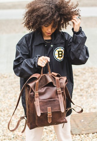 DARK STRESSED BROWN HUNTER LEATHER MESSENGER BACKPACK
