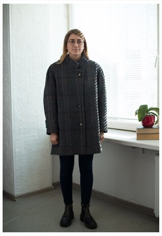 VINTAGE 80'S GREY/BROWN STRIPED WOOL COAT