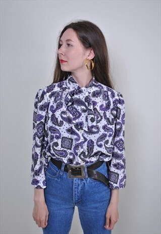 VINTAGE BUTA PRINT WHITE LONG SLEEVE BLOUSE FROM 70S, SIZE M