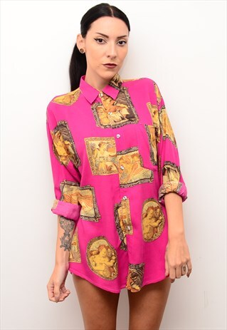 VINTAGE 90S BOLD PINK ART RENAISSANCE PATTERNED SLOUCH SHIRT