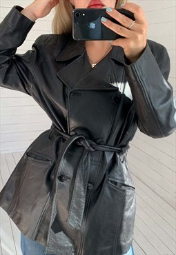Vintage 80s Black Real Leather Trench Jacket With Tie Waist