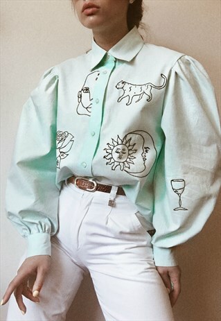 HAND EMBROIDERED MINT COTTON SHIRT