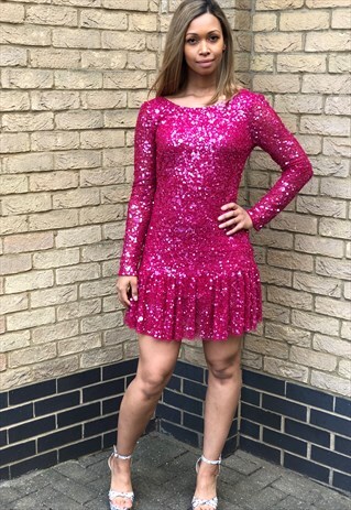 THINK PINK- 80S DROP WAIST SEQUIN PARTY DRESS