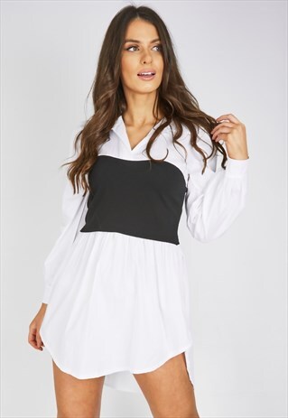 WHITE CONTRAST CORSET PUFF SLEEVE SHIRT DRESS
