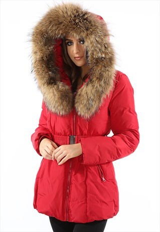 RED FAUX FUR HOOD PARKA