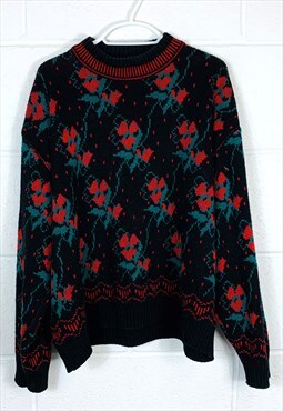 Vintage Knitted Jumper Black Strawberry Patterned