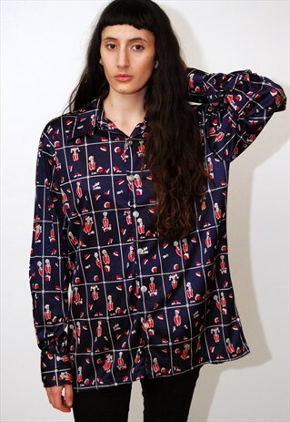 VINTAGE CLOWN TOP (XL) SHIRT 70S DISCO MIME BUTTON UP BLOUSE