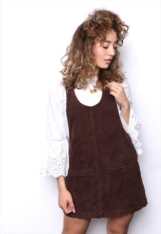 VINTAGE 90S BROWN CORD CORDUROY PINAFORE MINI DRESS