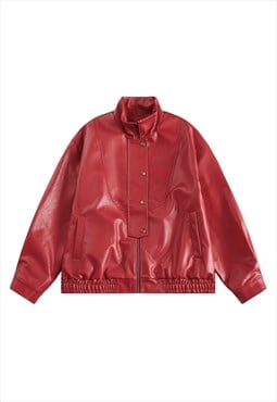 Faux leather racing jacket retro biker jacket in red 
