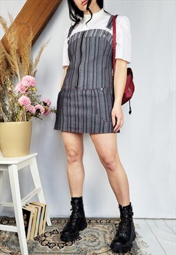 Vintage 90s striped denim-like mini dungaree dress