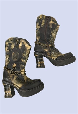 BROWN GOLD GENUINE LEATHER CHAIN PLATFORM PUNK HEELED BOOTS