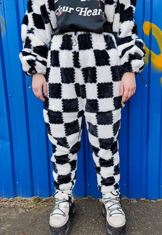 CHECK FLEECE JOGGER DETACHABLE HANDMADE CHESS OVERALLS BLACK
