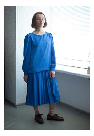 VINTAGE 80'S BLUE LOW WAIST PLEATED DRESS