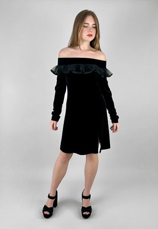 80's Black Ruffle Velvet Off Shoulder Ladies Evening Dress