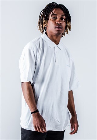 VINTAGE 90S DIADORA POLO SHIRT IN WHITE WITH LIGHT BLUE LOGO