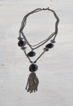 Deadstock metallic/black plastic beaded long boho necklace.